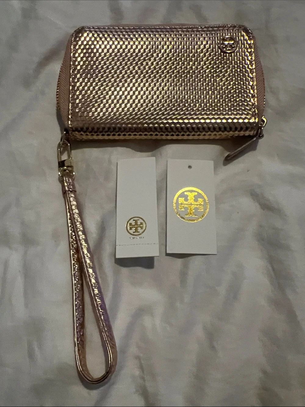 Tory Burch Metallic Rose Gold Textured Wristlet